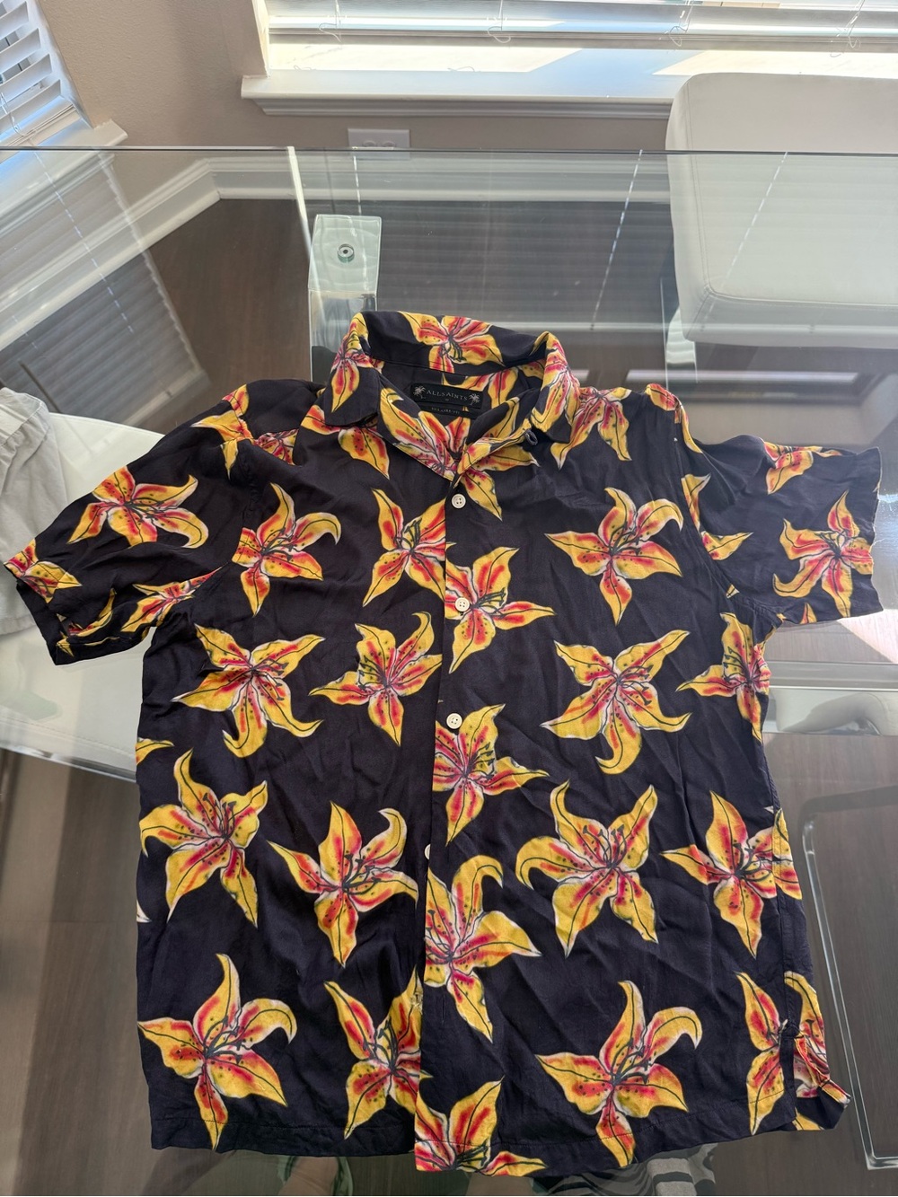 All Saints Black Short-Sleeve Button-Down Shirt with Yellow Floral Print